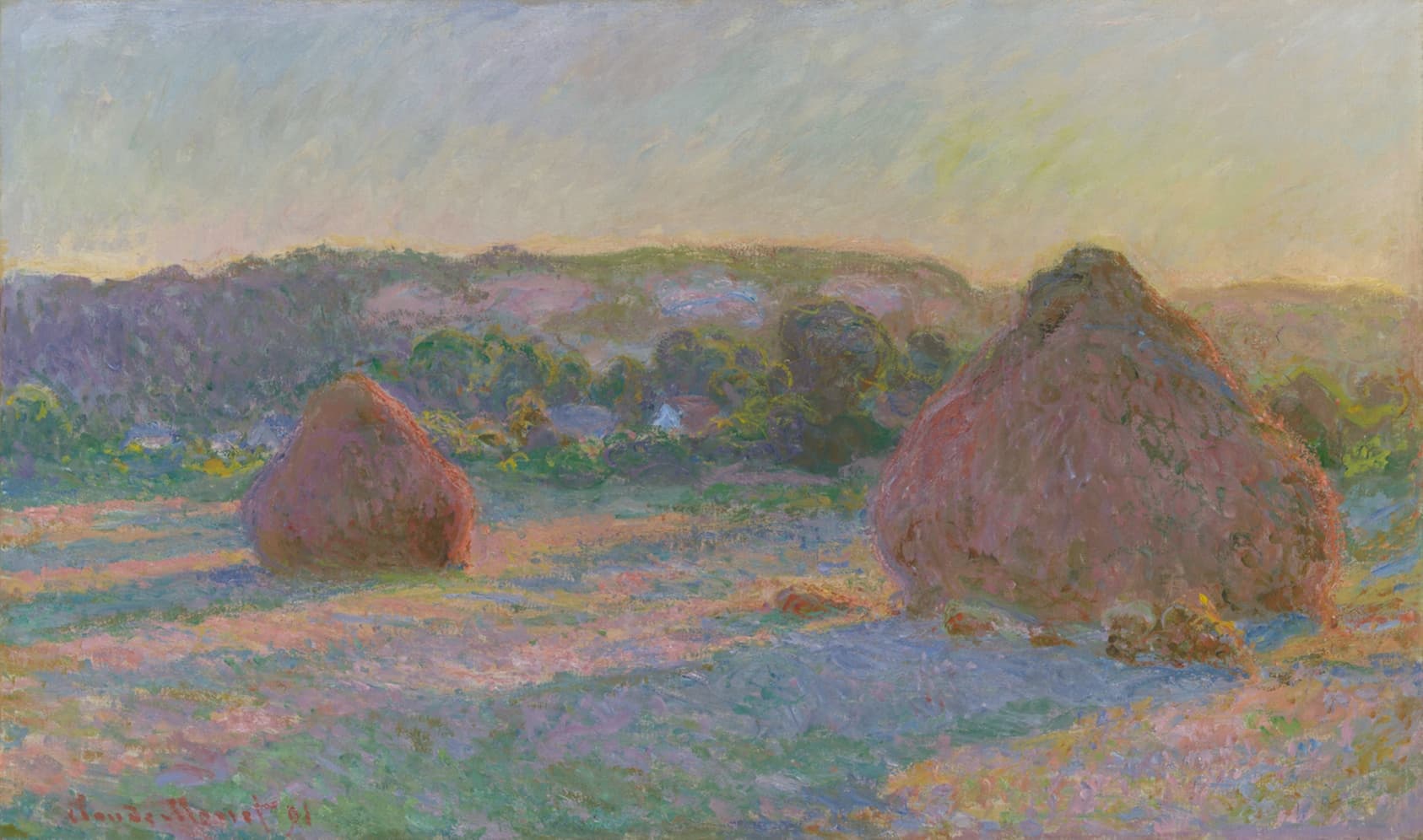 Claude Monet's Stacks of Wheat (End of Summer): two haystacks in a field under a pale rose and lavender sky